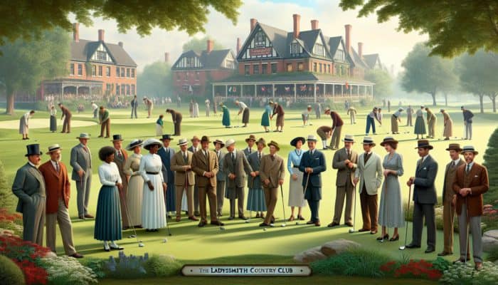 Ladysmith Country Club: Early 20th-century Ladysmith Country Club, diverse members playing golf, historical landmarks symbolizing growth.