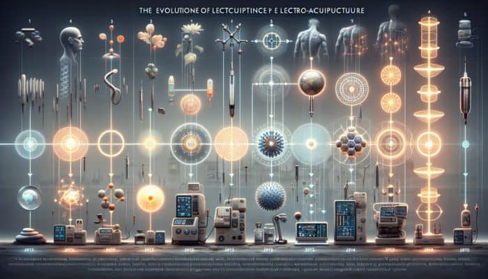 Timeline of electroacupuncture evolution in the UK, highlighting key milestones and technological integration.