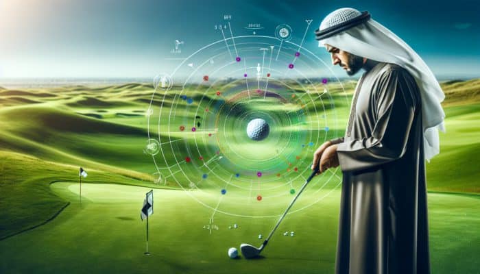 A golfer visualizing a shot on a lush green course, surrounded by strategic markers and focus lines.