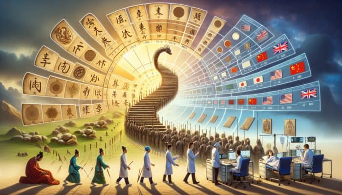 Historical tapestry illustrating the evolution of acupuncture in the UK, from Roman times to contemporary healthcare.