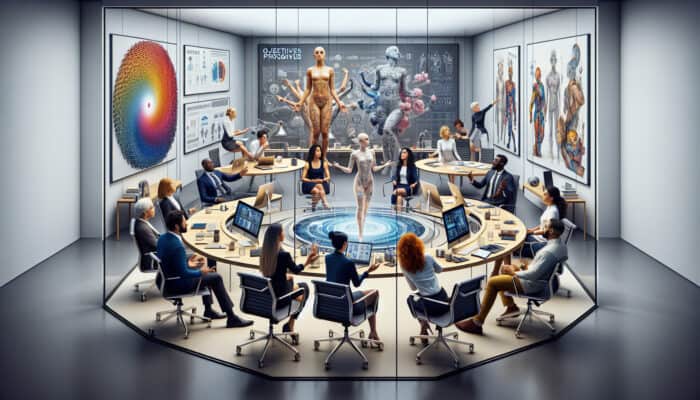 A diverse team of experts collaborating in a modern office with technology and progress charts.