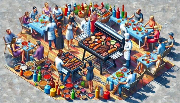 A vibrant BBQ setup with experts discussing essential products like grills, smokers, and utensils on a sunny patio.
