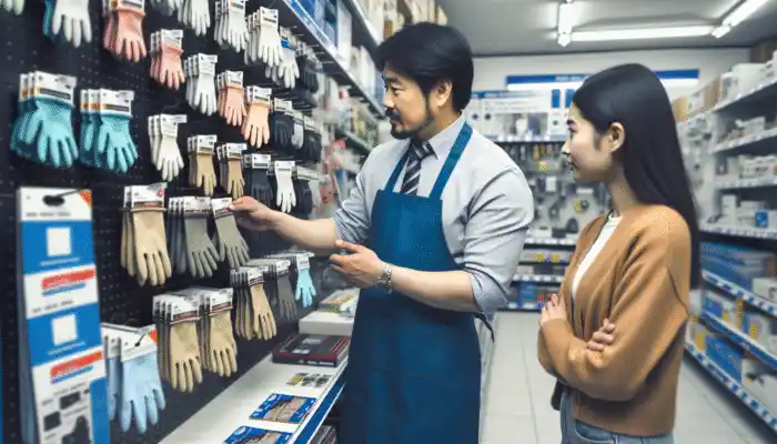 A hardware store employee in Droitwich Spa helps a customer choose rubber gloves, showcasing different brands and details.