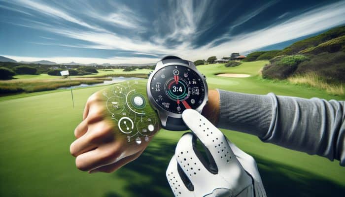 A golfer with a high-tech GPS watch on a green course in South Africa, showing distances, maps, and shot data.