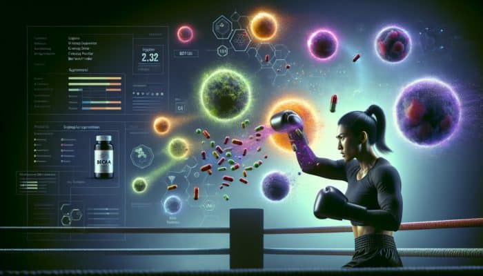 Supplements for Boxing Endurance: A boxer training intensely with supplements like BCAA, creatine, and beetroot powder to boost endurance and reduce fatigue.