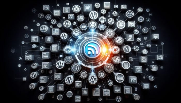 WordPress Website Design Company in Sherborne: A network of CMS logos like WordPress and Magento supporting a glowing website icon, symbolizing comprehensive management.