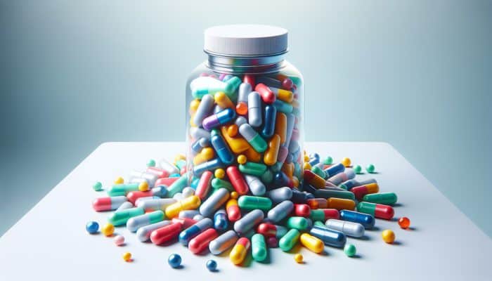 Rise of Postbiotic Supplements: Colorful postbiotic supplement capsules spilling from a modern bottle on a white surface, symbolizing health and convenience.
