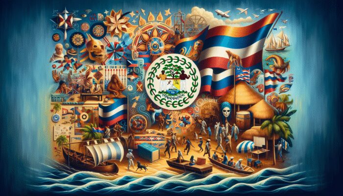 A tapestry illustrating Belize's cultural evolution with Creole, Garifuna, and colonial influences, reflecting modern identity.