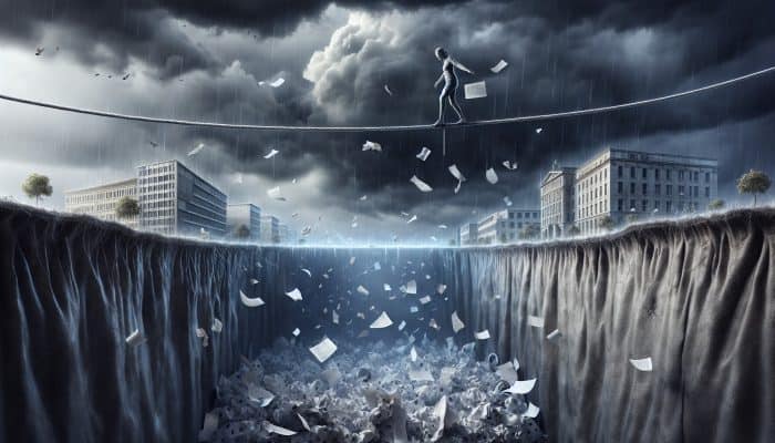 Debt Consolidation for a Simpler Lifestyle: UK Guide | DCL Person balancing on tightrope over financial paperwork, stormy UK skyline, symbolizing debt consolidation risks.