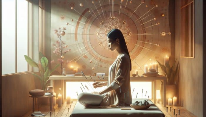 A person receiving acupuncture and practicing mindfulness in a serene, nature-inspired setting.