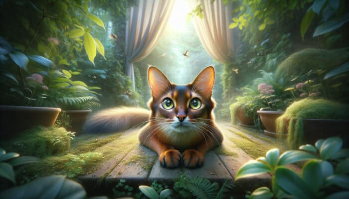 Somali cat poised to pounce in a garden, alert to fluttering curtains, rustling leaves, and chirping birds.