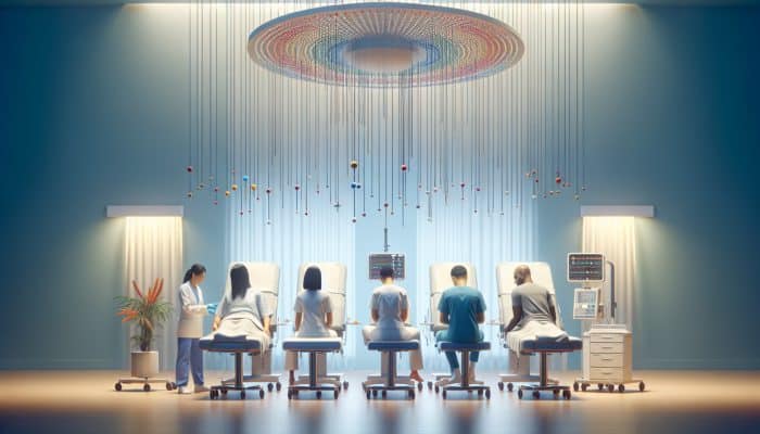 A diverse group of patients receiving acupuncture in a serene UK hospital room, part of NHS pain management initiatives.