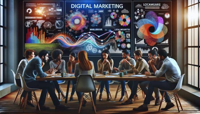 A diverse team in Marlborough analyzing charts and local trends for a digital marketing strategy session.