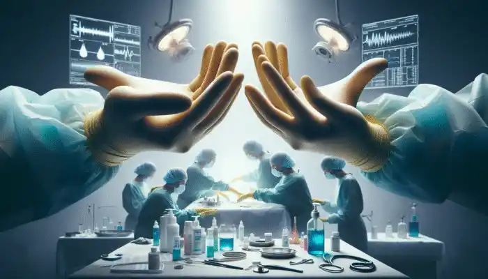 Extra long rubber gloves utilized in UK healthcare and cleaning for protection during medical and chemical tasks.