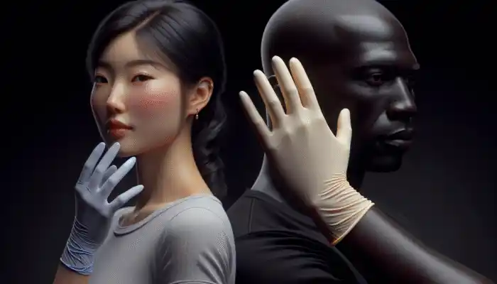 A person selecting between thin latex gloves for delicate tasks and thick nitrile gloves for hazardous materials, demonstrating the importance of material and thickness.