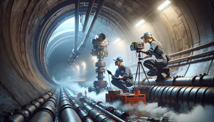 Technician conducting a CCTV camera inspection and acoustic assessment in a sewer, smoke testing reveals air leaks.