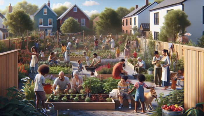 A vibrant community garden filled with families, children, and pets, nurturing community bonds and environmental stewardship.